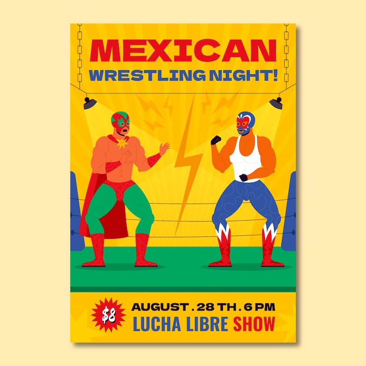 Vector gratuito póster de luchador mexicano de diseño plano