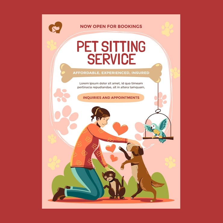 Vector gratuito póster de mujer con mascotas de diseño plano