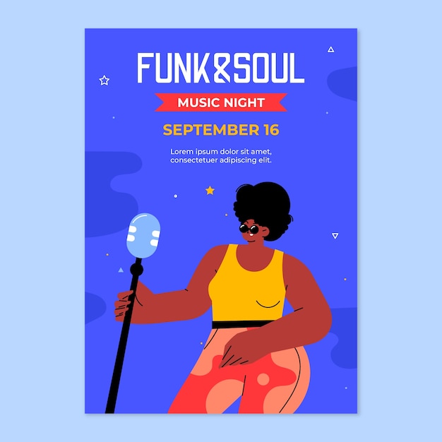 Vector gratuito póster de música funk y soul dibujado a mano