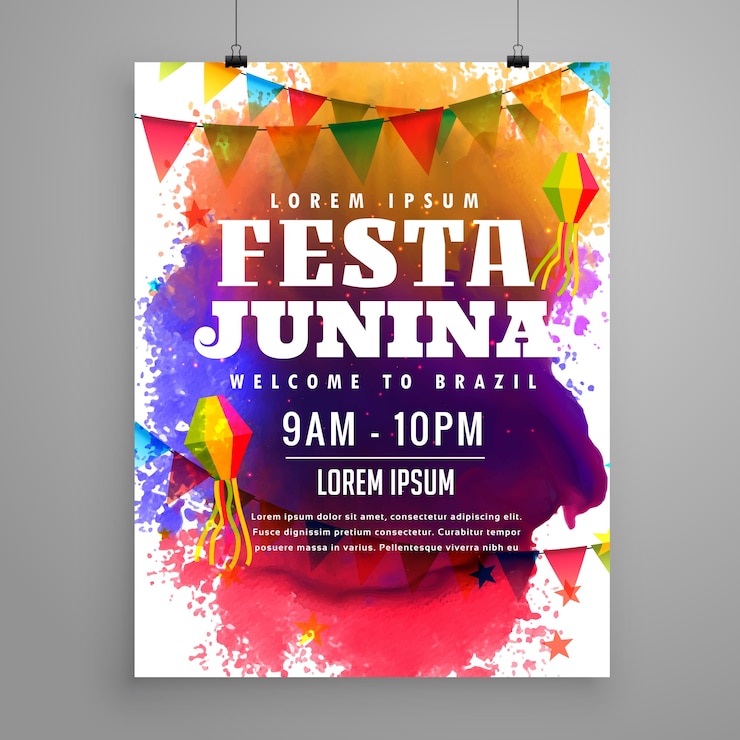 Vector gratuito póster naranja, morado y rojo para festa junina