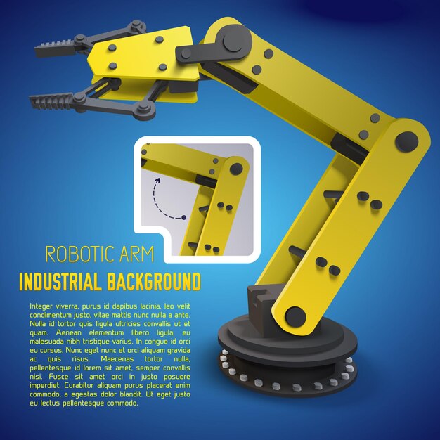 Póster o volante de brazo de robots amarillo para publicidad o presentación de una nueva máquina en la fábrica