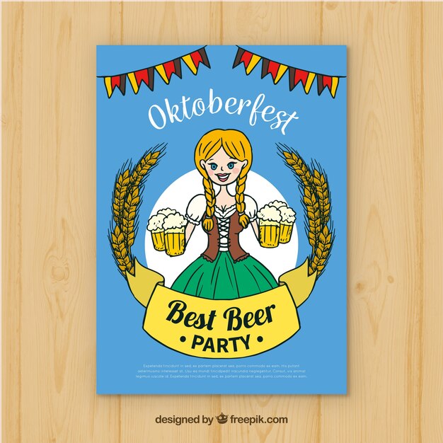 Vector gratuito póster del oktoberfest dibujado a mano con mujer llevando cervezas