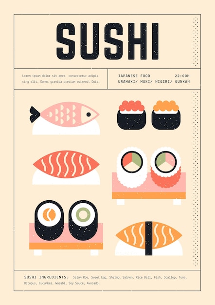 Vector gratuito póster de plantilla de impresión geométrica de varios sushi