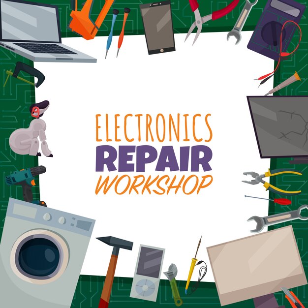 Póster de reparación electrónica a color con título de taller de reparación electrónica y diferentes herramientas