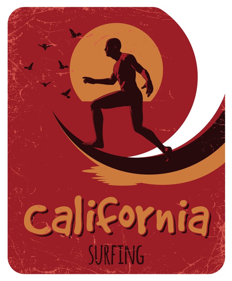 Vector gratuito póster de surf de california con diseño de etiquetas para camisetas y tarjetas de felicitación.