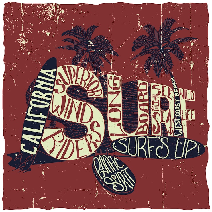 Vector gratuito póster de surf de california con dos palmeras y tres tablas de surf