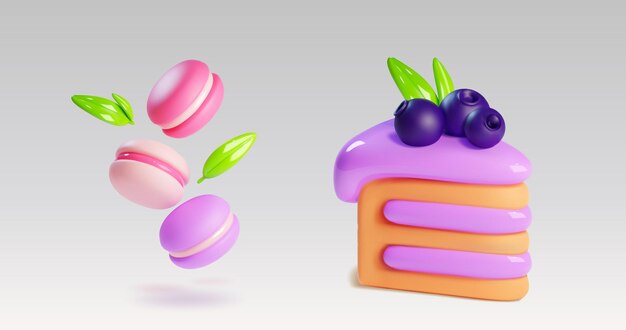 Vector gratuito postre dulce horneado pastel 3d y macarrón