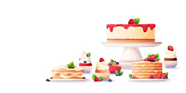 Postres dulces con bayas frescas hojas de menta granos de café coberturas de crema composición plana ilustración vectorial