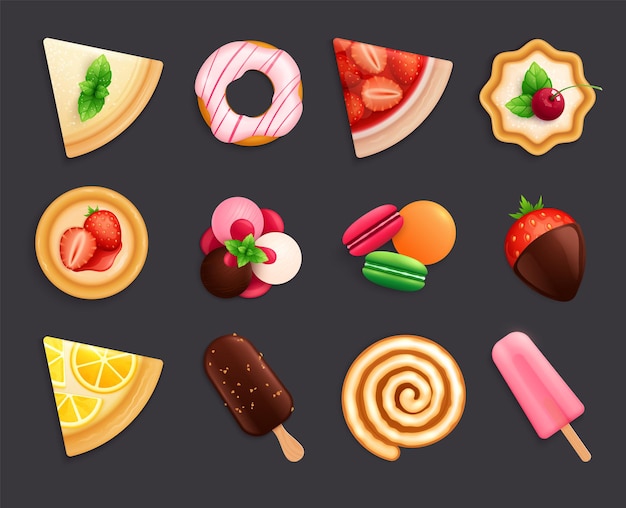 Vector gratuito postres dulces vista superior conjunto plano fondo negro tarta de limón donut macarrón helado ilustración realista