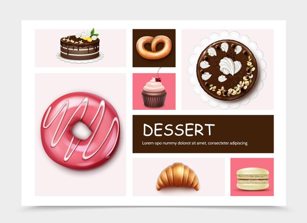 Postres y pasteles plantilla de infografía con pastel donut cupcake macarrones croissant pretzel en ilustración de estilo realista