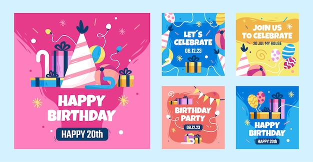 Vector gratuito posts de celebración de cumpleaños dibujados a mano en instagram