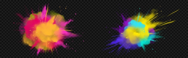 Powder Holi pinta nubes de colores o explosiones, salpicaduras de tinta, tinte decorativo vibrante para el festival aislado, tradicional fiesta india. Ilustración de vector 3d realista