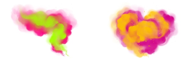 Vector gratuito powder holi pinta nubes coloridas o explosiones, salpicaduras de tinta, tinte vibrante en forma de corazón para el festival aislado en fondo blanco, fiesta india tradicional. ilustración vectorial 3d realista