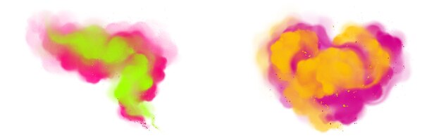 Powder Holi pinta nubes coloridas o explosiones, salpicaduras de tinta, tinte vibrante en forma de corazón para el festival aislado en fondo blanco, fiesta india tradicional. Ilustración vectorial 3d realista