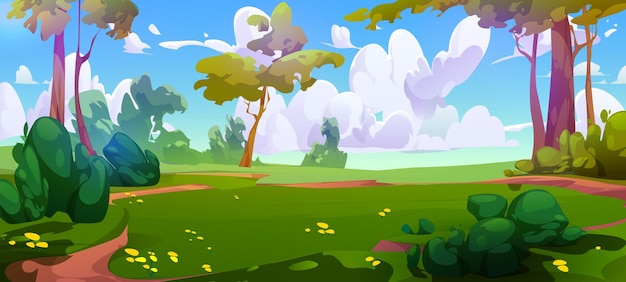 Prado de hierba verde con fondo de dibujos animados de árboles bosque de parque con hojas de camino y cielo azul entorno de jardín ilustrado para viajar fondo de pantalla de ilustración de panorama de valle de césped de flores pacíficas