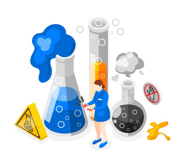 Precaución de seguridad en la composición isométrica del lugar de trabajo con una mujer que tiene una ilustración de vector de lesión química