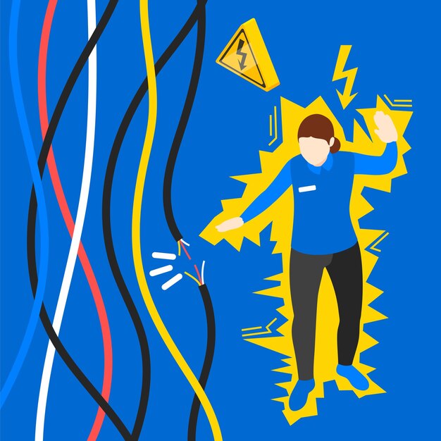 Precaución de seguridad en el concepto isométrico del lugar de trabajo con una niña que recibe una descarga eléctrica de la ilustración del vector de alambre roto