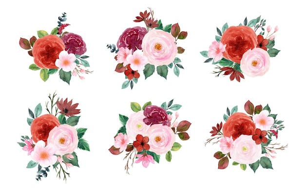 Preciosa colección de ramo floral de acuarela roja y rosa