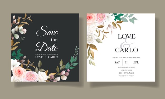 Preciosa tarjeta de invitación para bodas, plantilla con diseño floral