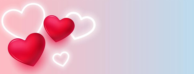 Precioso banner de día de san valentín con corazones de neón y 3d