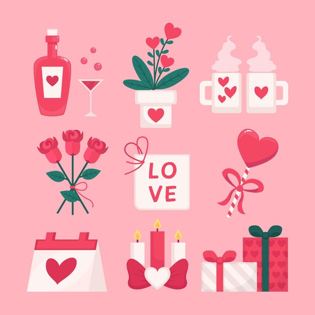 Precioso conjunto de elementos planos de san valentín