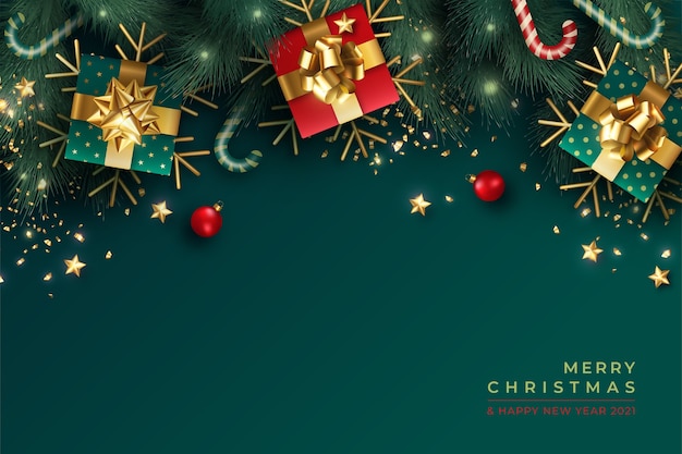 Precioso fondo navideño con decoración realista en verde y rojo.