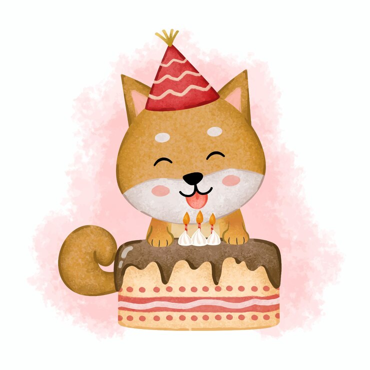 Precioso perro con pastel de cumpleaños en pintura de acuarela