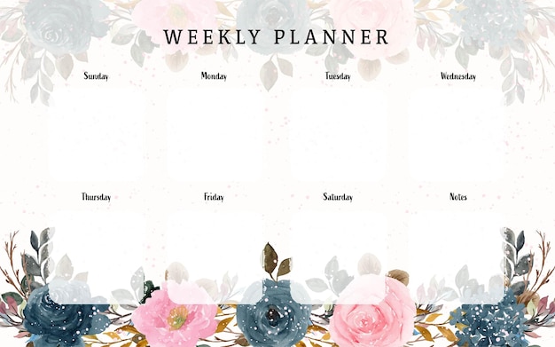 Precioso planificador semanal con fondo floral de acuarela de primavera rústica