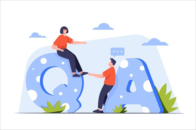 Preguntas y respuestas o preguntas frecuentes conceptos de preguntas frecuentes en sitios web páginas de negocios de redes sociales Ilustración de vector de dibujos animados plana