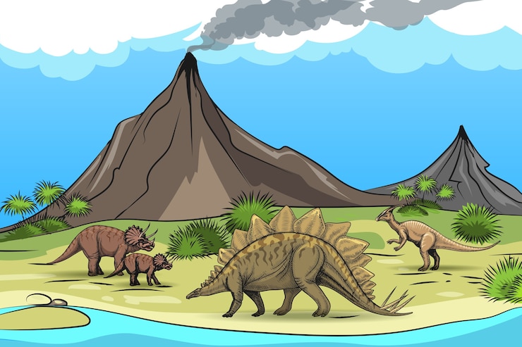 Vector gratuito prehistoria con volcán de dinosaurios. naturaleza y reptiles, palmera, animal salvaje de dibujos animados