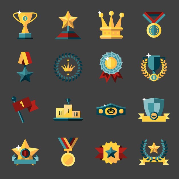 Premio conjunto de iconos de trofeo medalla de ganador campeón campeón taza aislado ilustración vectorial