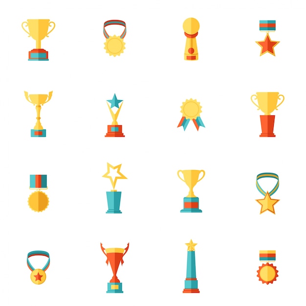 Premio iconos conjunto plano de la medalla de trofeo ganador campeón campeón taza aislado ilustración vectorial