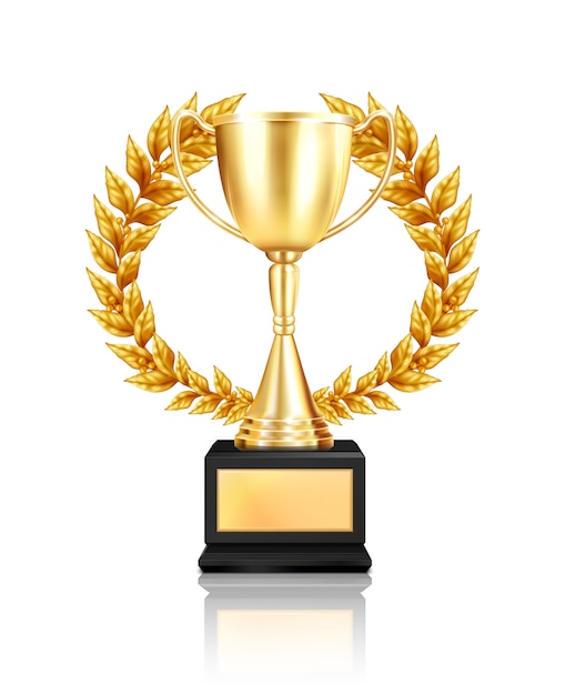 Premio trofeo composición de corona de laurel con imagen realista de copa de oro decorada con guirnalda con reflejo