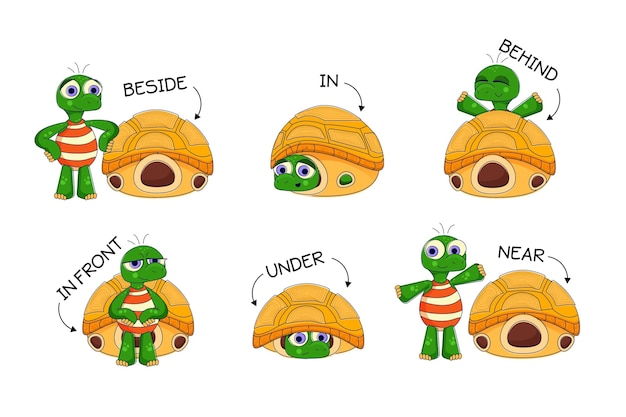 Preposiciones en inglés para niños con tortugas