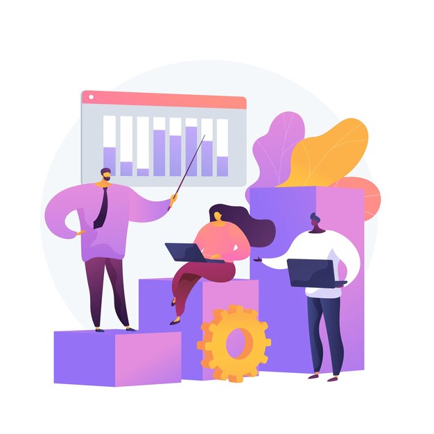 Presentación de innovación empresarial. Informe de análisis, gráfico de estadísticas, forkflow. Analistas y personajes de dibujos animados del líder del equipo de pie en el gráfico en crecimiento.