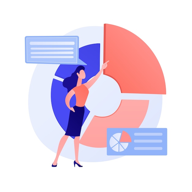 Presentación de negocios. Análisis de datos, gráfico circular, visualización de infografías. Análisis de informes. Carácter de empresario analizando estadísticas concepto ilustración