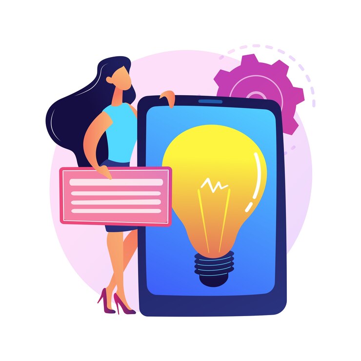 Vector gratuito presentación de la solución empresarial creativa. inicio rentable, idea, estrategia de desarrollo de la empresa. bombilla en la pantalla de la tableta. símbolo de lluvia de ideas.