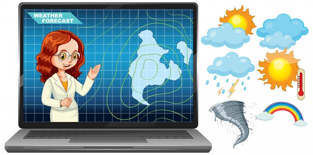 Presentador que informa el pronóstico del tiempo en la pantalla del portátil con el icono del tiempo