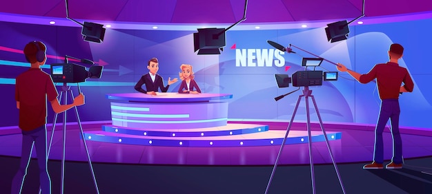 Presentadores de televisión transmitiendo noticias en un moderno estudio de televisión con camarógrafo, equipo de luz y tierra en una enorme pantalla panorámica. Programa de informes de presentador y presentador de noticias, ilustración vectorial de dibujos animados