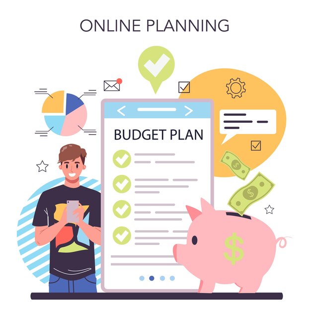 Presupuesto de servicio o plataforma en línea Idea de planificación financiera y bienestar Asignación de dinero Planificación en línea Ilustración de vector plano aislado