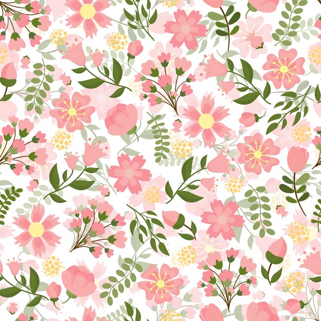 Primavera floral transparente con un patrón denso de flores bastante rosadas y flores con hojas verdes en formato cuadrado adecuado para papel tapiz e ilustración vectorial textil