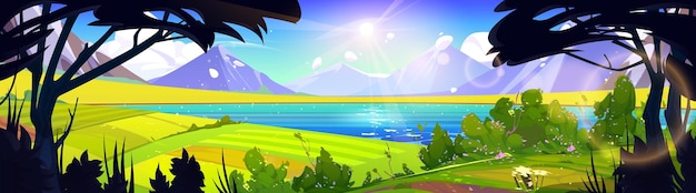 Vector gratuito primavera montaña naturaleza y campo verde vector paisaje ilustración verano colina dibujos animados paisaje con lago nube y flor soleado pueblo rural valle cerca de río y pasto tierras de cultivo telón de fondo