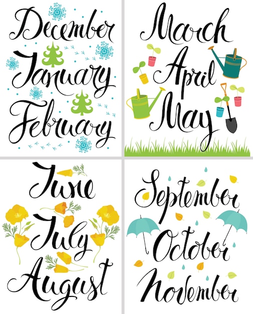 Primavera, otoño, invierno, verano. mes del año. caligrafía