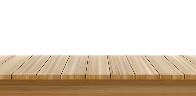 Primer plano de la mesa de madera, vista frontal de la mesa de madera, superficie de la encimera rústica de color marrón claro.