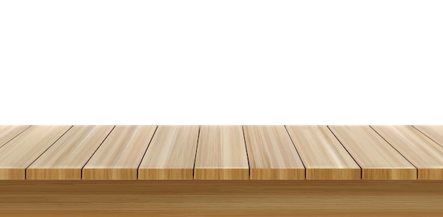 Primer plano de la mesa de madera, vista frontal de la mesa de madera, superficie de la encimera rústica de color marrón claro.