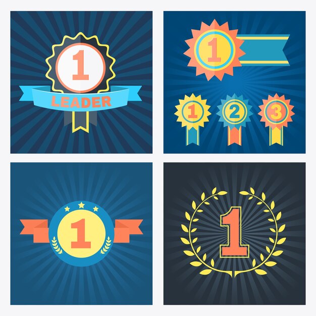 Primer segundo y tercer lugar premios vectoriales con rosetones, cintas, pancartas y corona con los números 1, 2 y 3