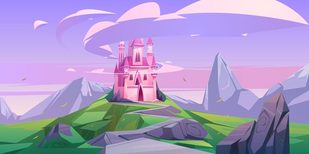 Princesa de castillo mágico rosa o palacio de hadas en roca