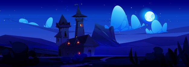 Princesa castillo noche cuento de hadas vector mágico paisaje cuento de hadas fantasía reino ilustración con hermosa casa real medieval fabulosa arquitectura de torre con bandera sobre la luz de la luna y la estrella