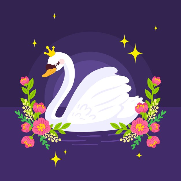 Princesa cisne en la noche con flores.
