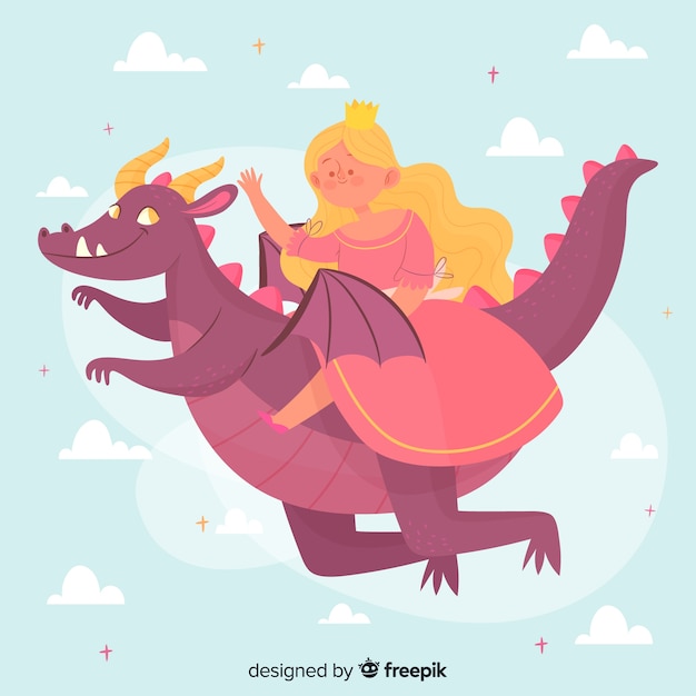 Vector gratuito princesa dibujada a mano con vestido rosa volando en un dragón